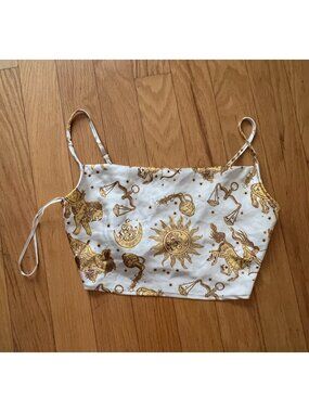 Forever 21 Women's Medium Gold/White Zodiac Astrology Satin Crop Top